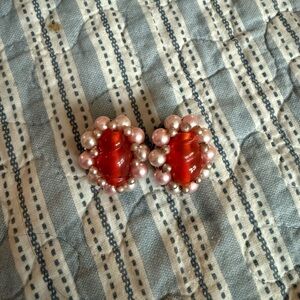 Vintage Red Cabochon Clip On Earrings with Pink Pearl Accents